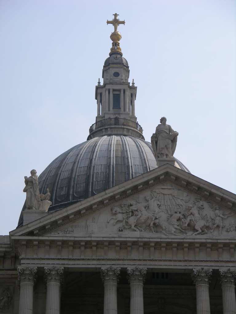 London St. Pauls Cathedral 02 Outside Lantern Close Up Here is a close up of St. Paul�s Cathedral from the west, with the cross 111m above the church floor. Below the cross is the Lantern and the outer, lead-encased dome. At the base of the lantern is the famous Golden Gallery, which offers panoramas of London.